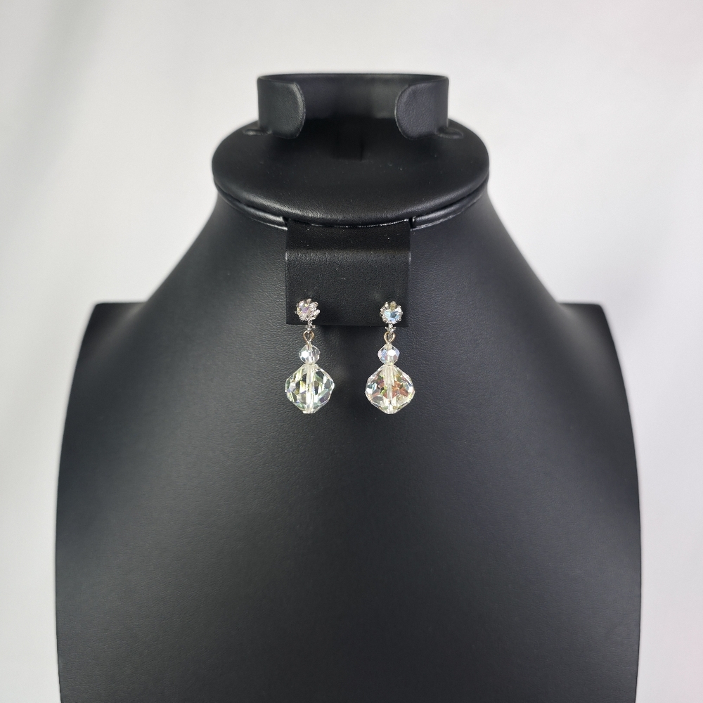Laguna Vintage Aurora Borealis Pendant Earrings Clip On Signed AB Crystal Dangle